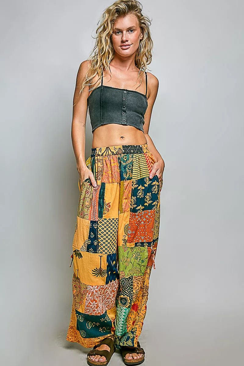POL Printed Patchwork Wide Leg Pants with Adjustable Side Drawstring
