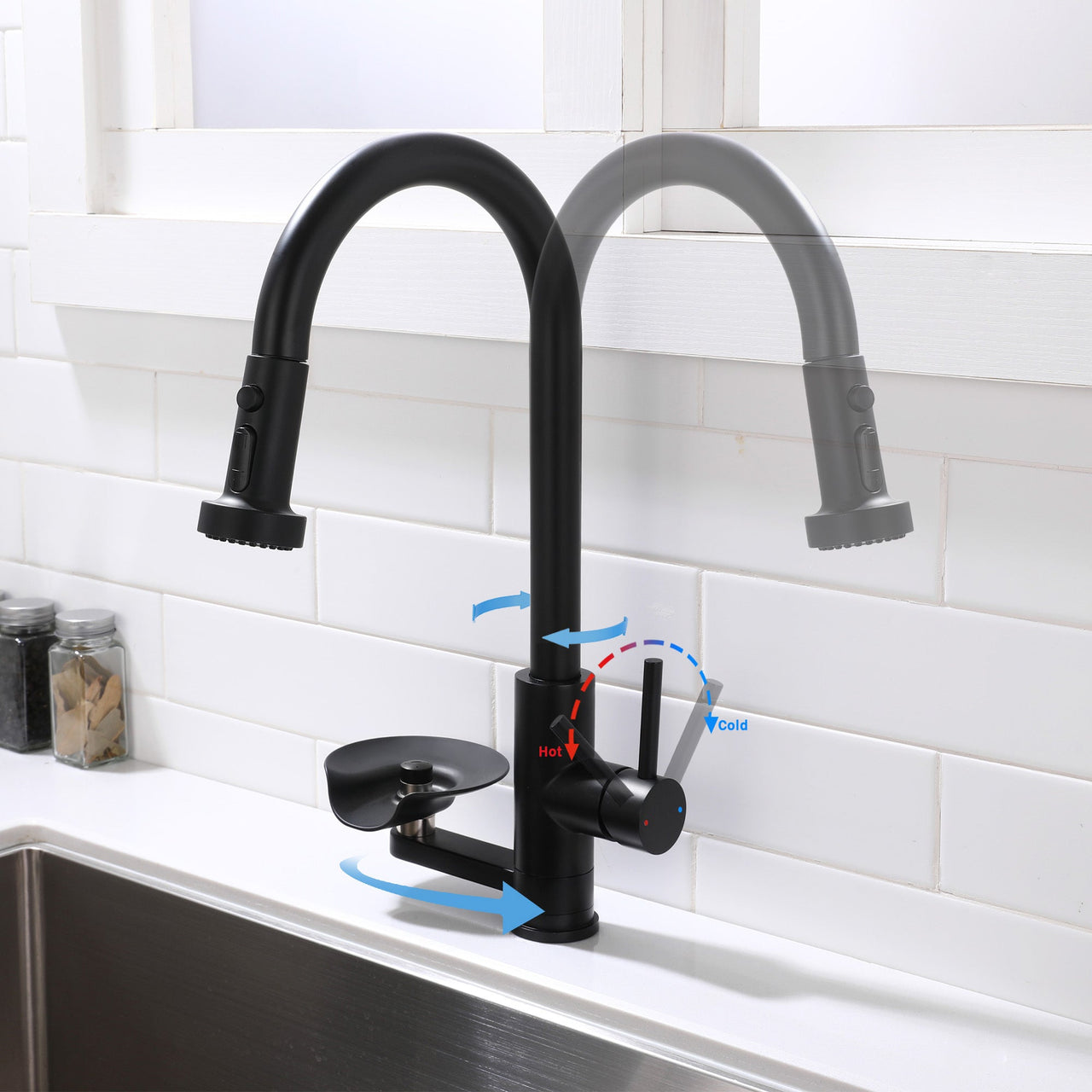 3-in-1 High-Arc Kitchen Faucet with Press-Type Glass Rinser, Pull-Down Sprayer, Matte Black Finish, Stainless Steel & ABS Construction, for Modern Sink