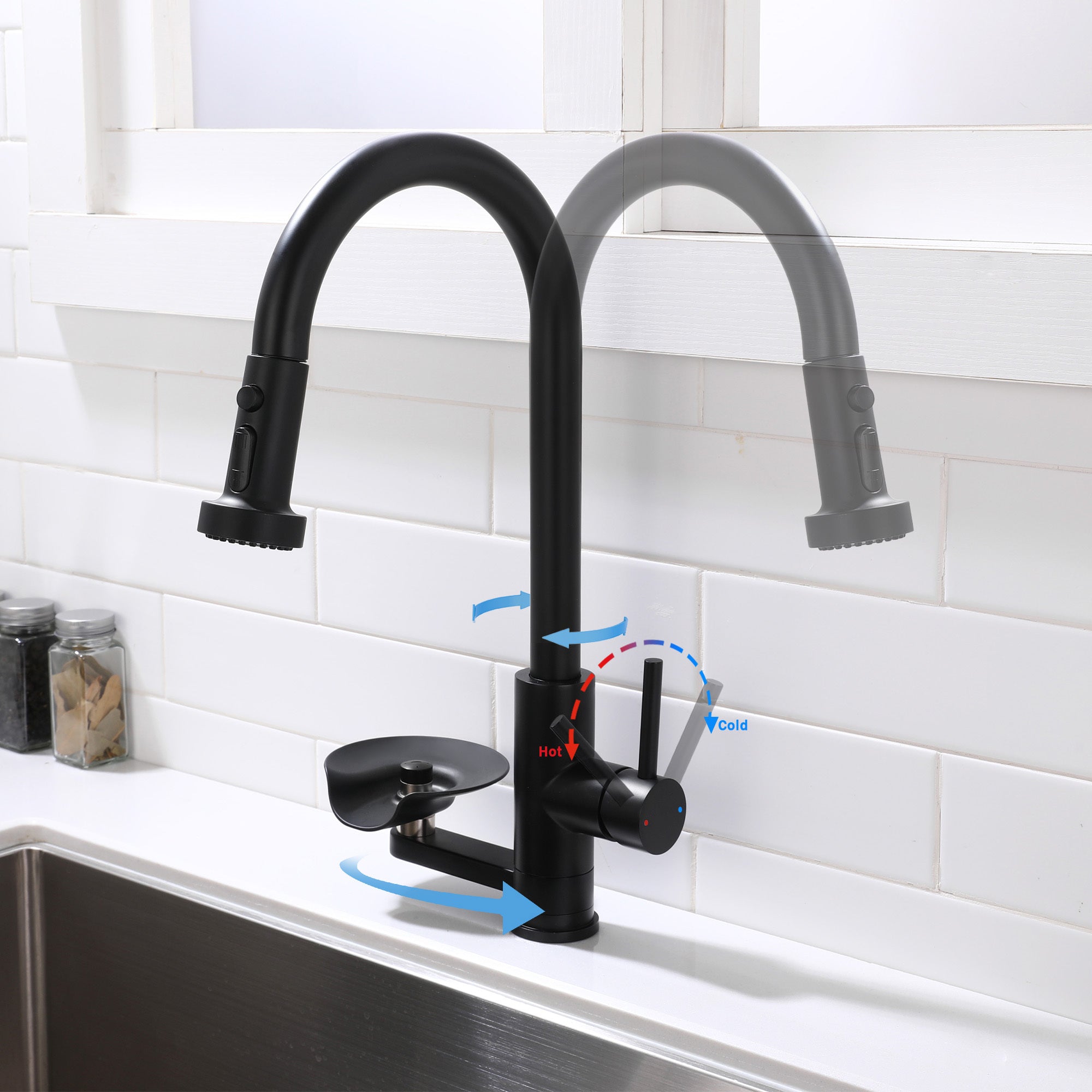3-in-1 High-Arc Kitchen Faucet with Press-Type Glass Rinser, Pull-Down Sprayer, Matte Black Finish, Stainless Steel & ABS Construction, for Modern Sink