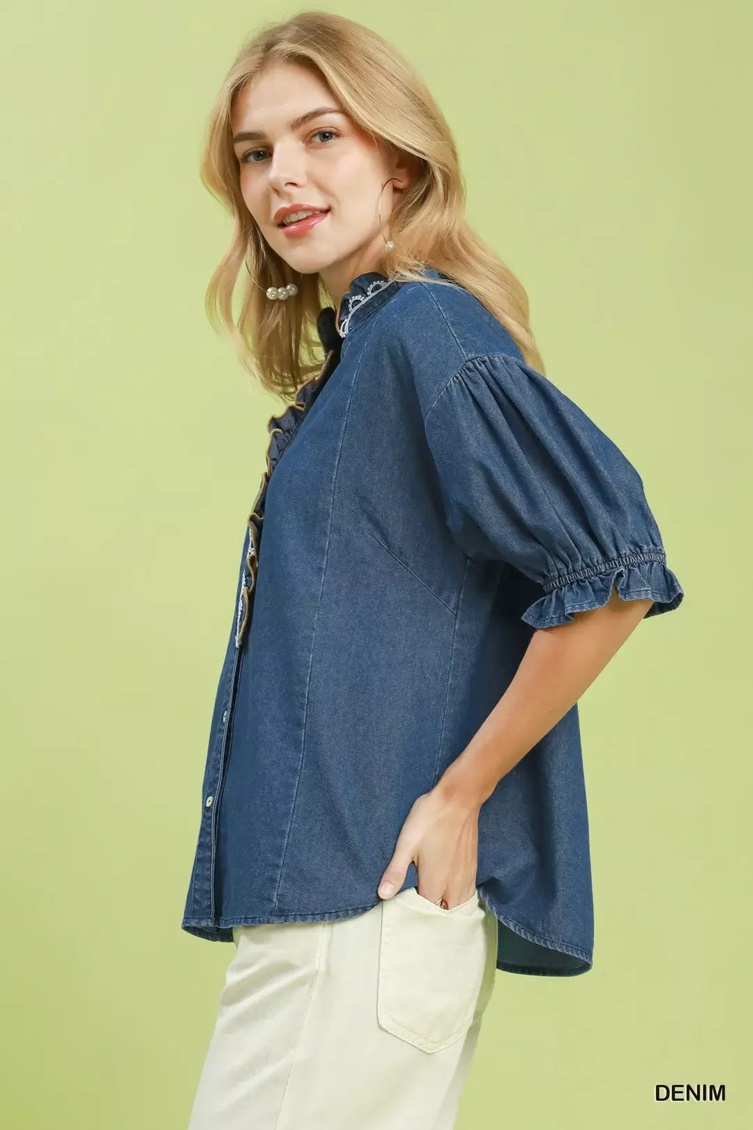 Umgee Chambray Scalloped Trim Button Front Blouse