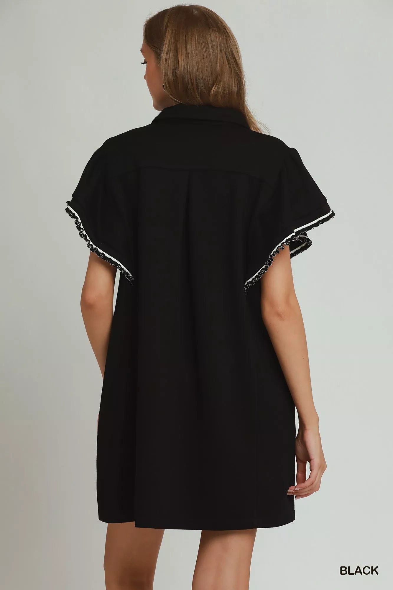Umgee Half Zip Ruffle Rib Band Butterfy Sleeve Mini Dress with Pockets