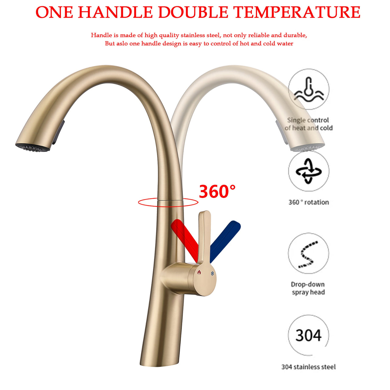 Elegant Single Handle Stainless Steel Pull Out Kitchen Faucet Brushed Gold with High-Arch Spout