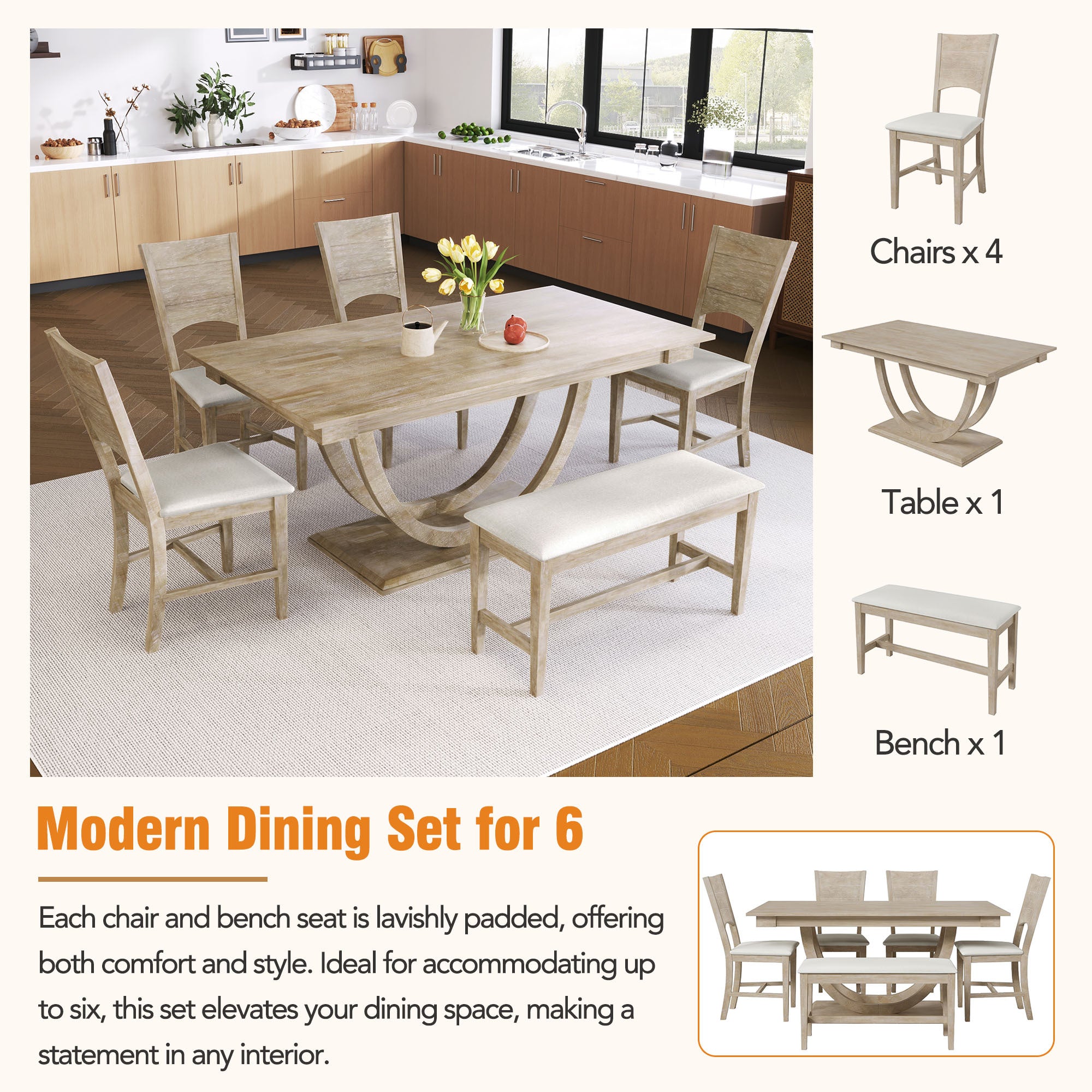 TOPMAX Modern Style Natural Wood 6-Piece Dining Table Set with Bench and Chairs, Upholstered Seats, Rubberwood Frame