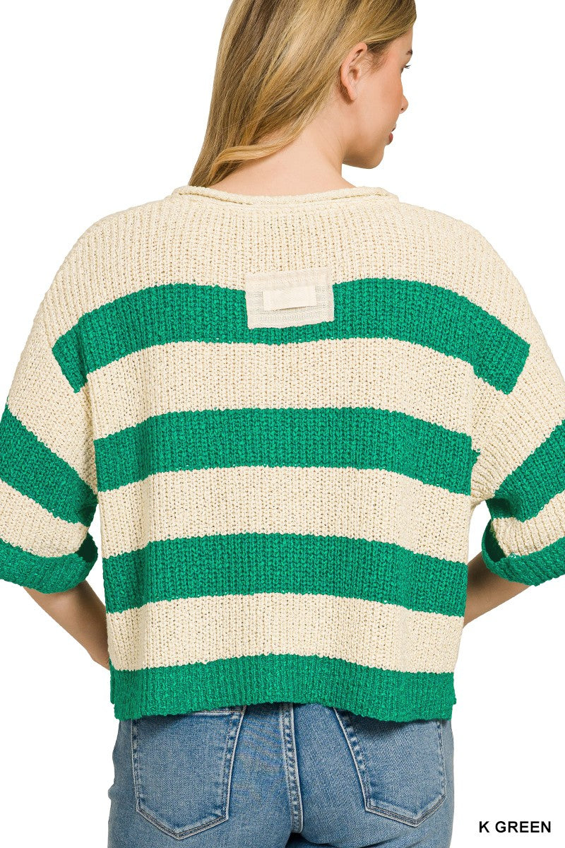 Zenana Split Neck Stripe Sweater