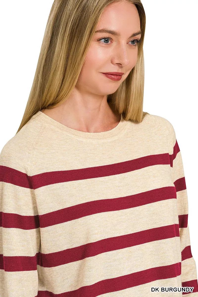 Zenana Lightweight Wool Blend Striped Round Neck Sweater