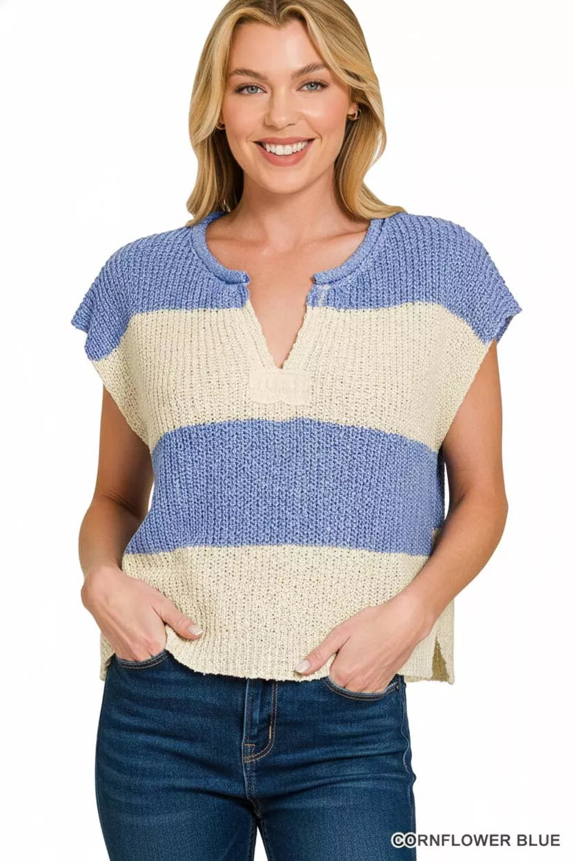 Zenana Split Neck Sleeveless Stripe Sweater