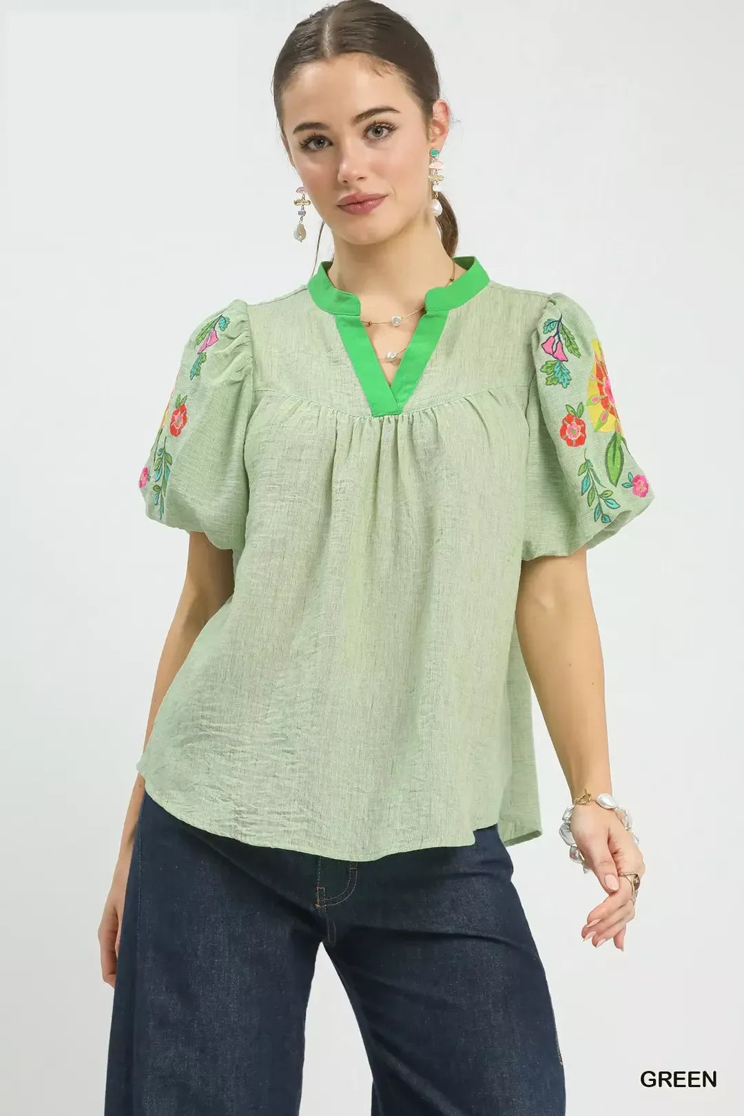 Umgee Embroidered Puff Sleeve Top