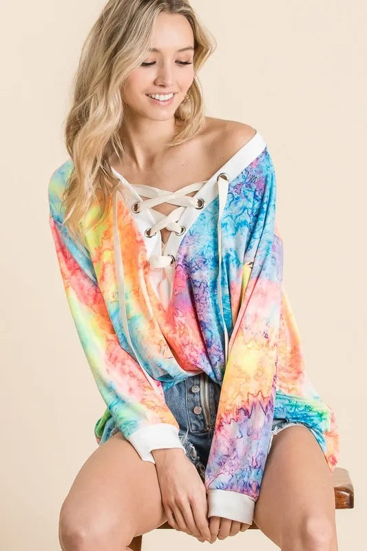 BiBi Tie Dye Deep V-neck Top With Lace Up Front