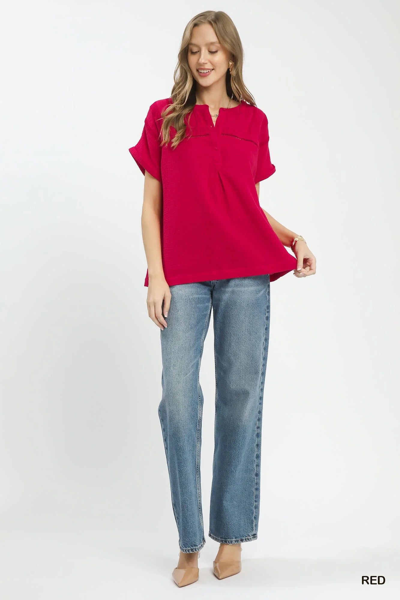 Umgee Textured Gauze Split-Neck Boho Blouse
