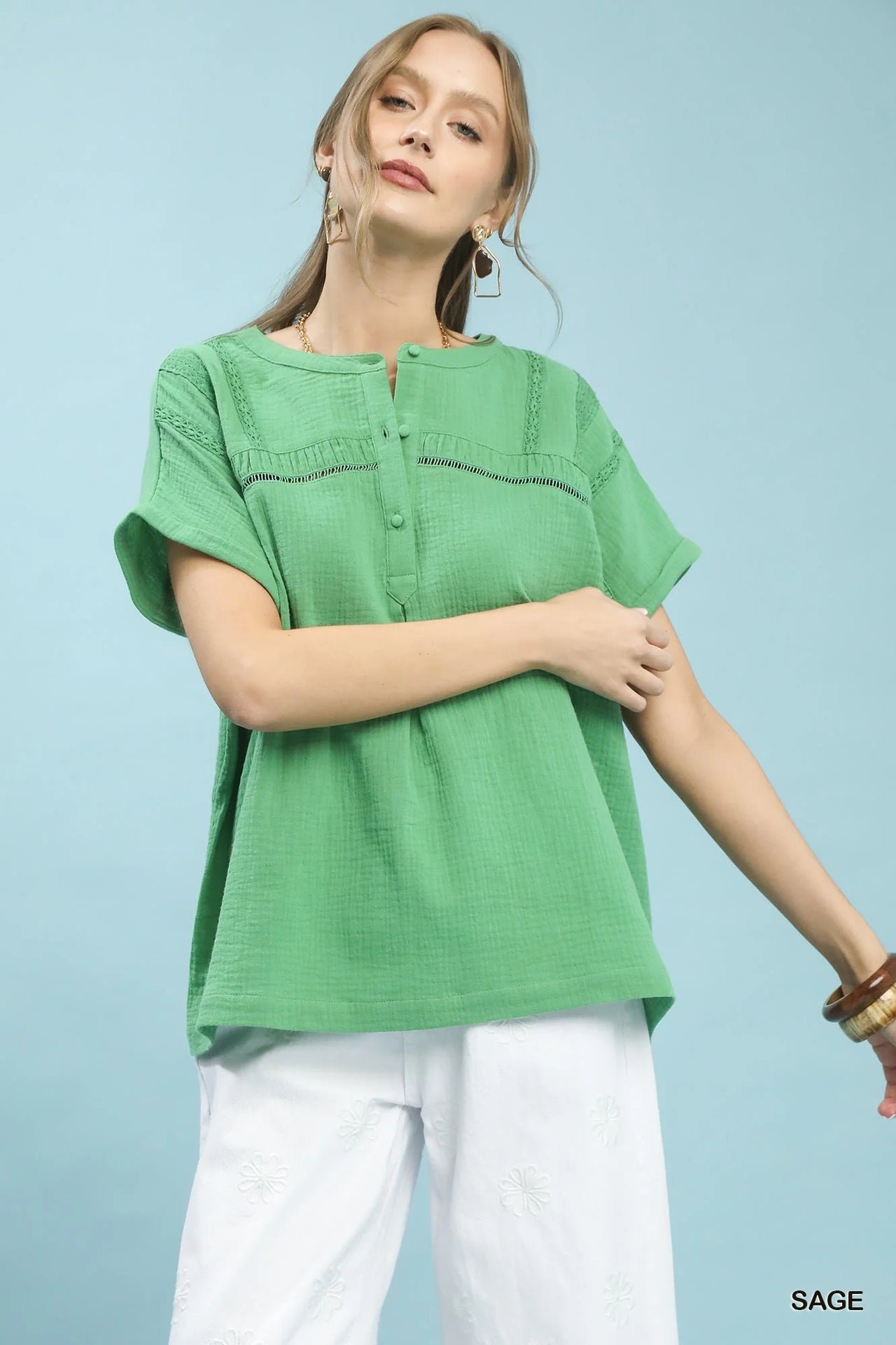 Umgee Textured Gauze Split-Neck Boho Blouse