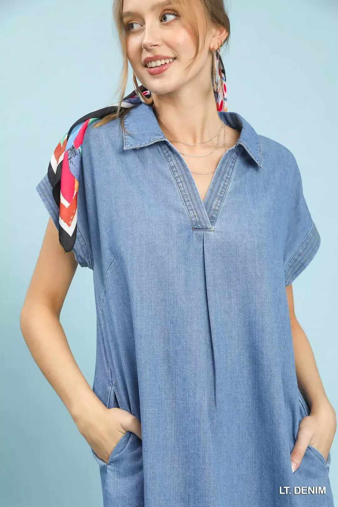 Umgee Stone Washed Collared Denim Midi Dress