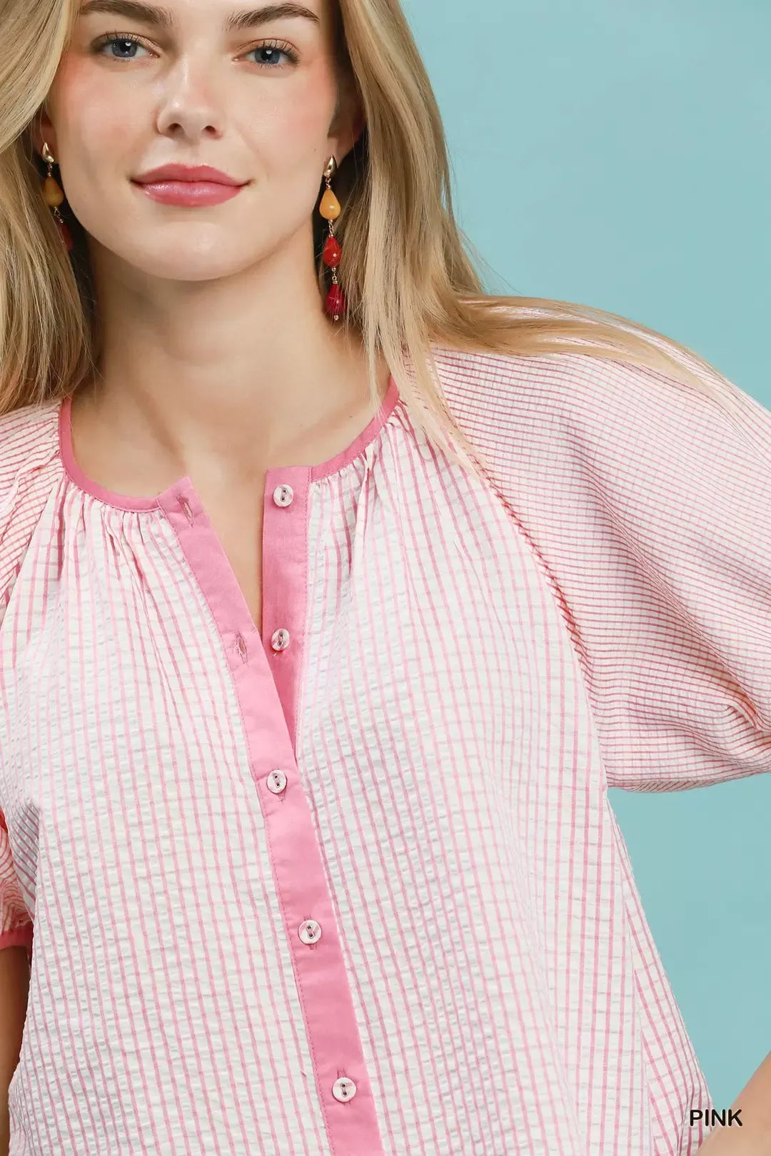 Umgee Checker Puff Sleeve Button Front Blouse