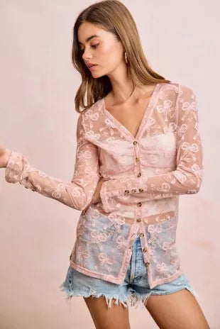 BiBi Bow Pattern Shrried V-neck Mesh Cardigan Top