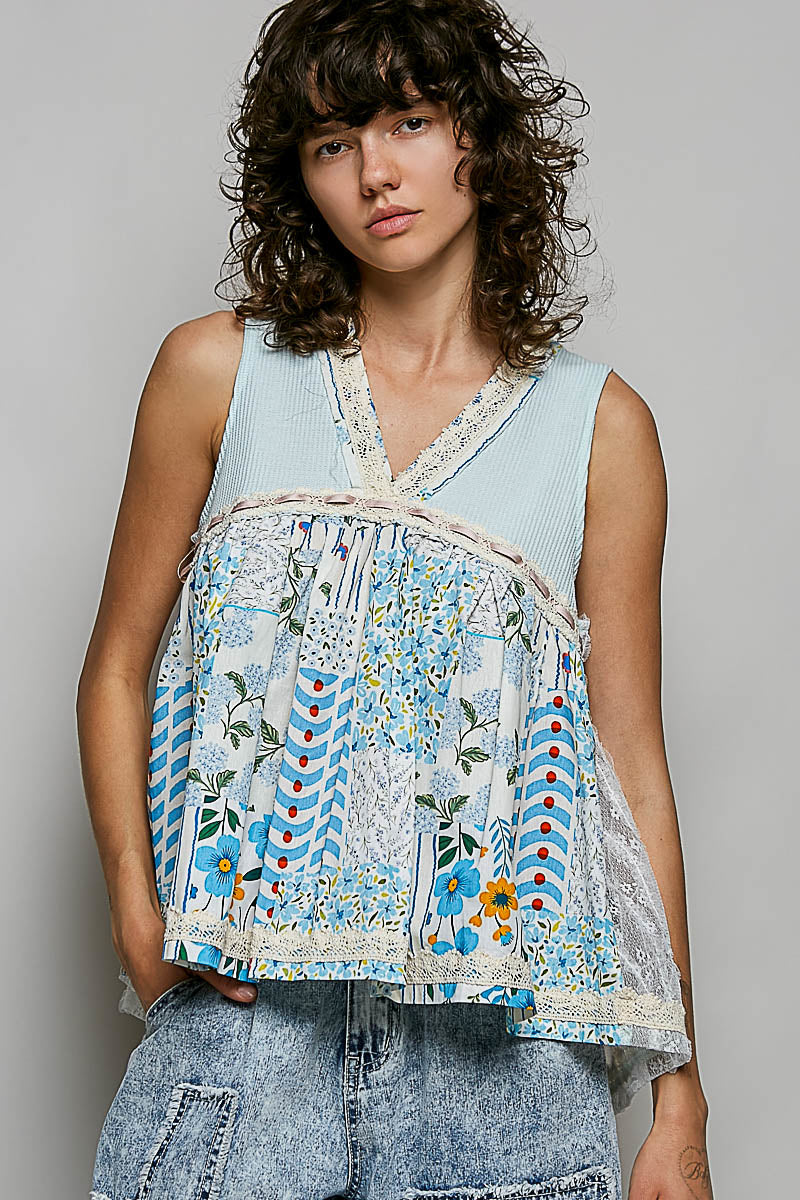 POL Floral V-Neck Sheer Tank with Lace Trim