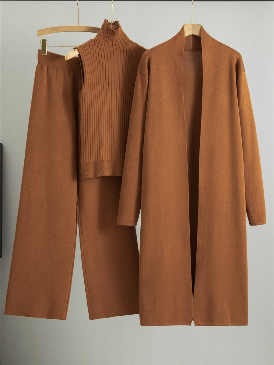 3pcs Suits Women Fashion Knitting Sleeveless Vest Sweater Long Cardigan And Wide-leg Pants Three-piece Set (See size chart where applicable)