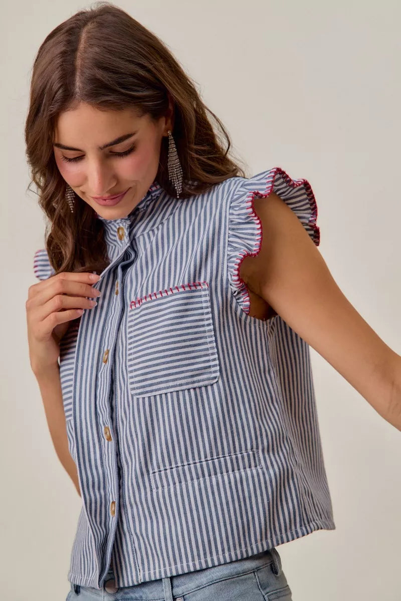 SO ME Stripe Twill Stitch Ruffled Hidden Button Vest Top