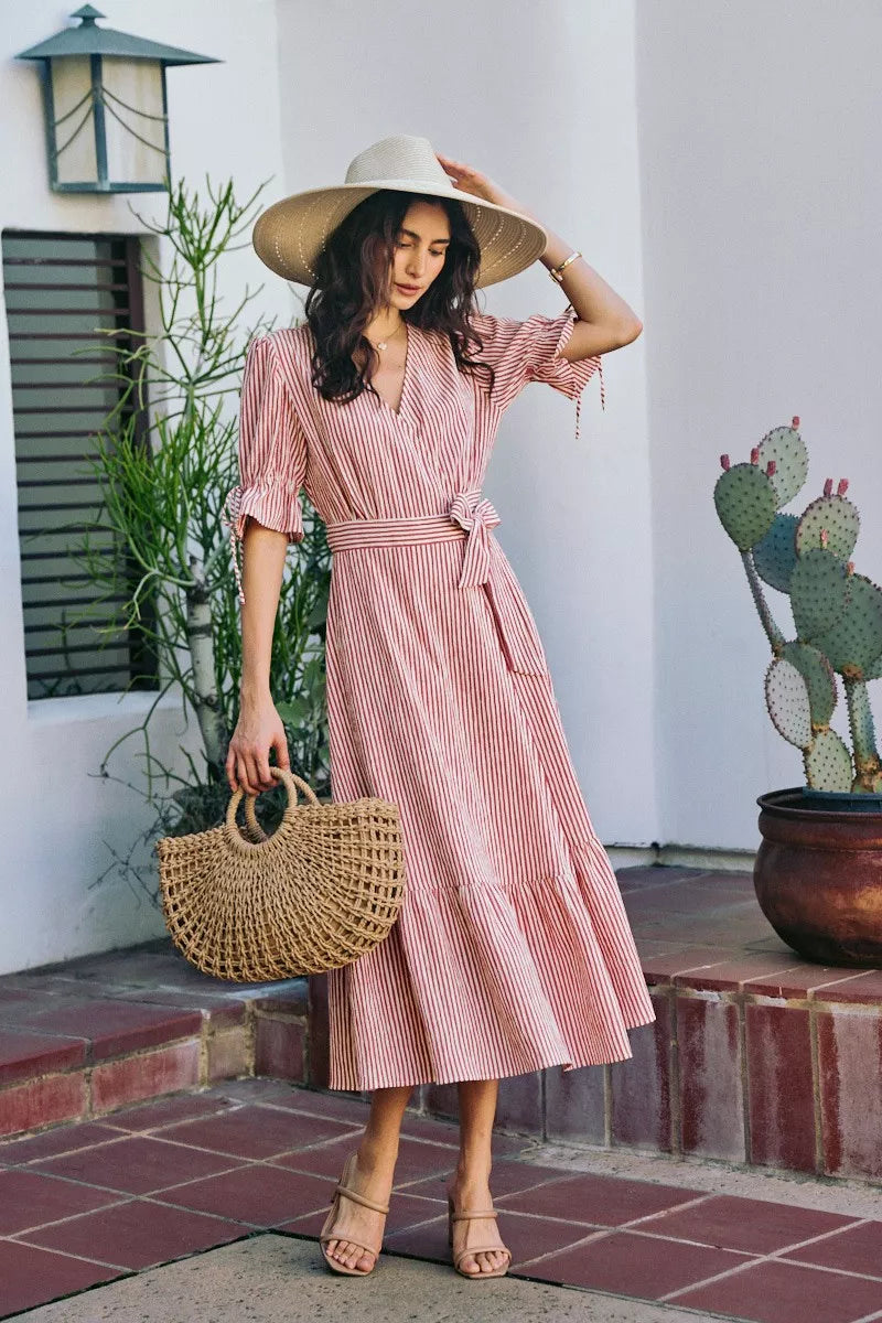 SO ME Stripe Textured Short Sleeves Lined Wrap Midi Dres