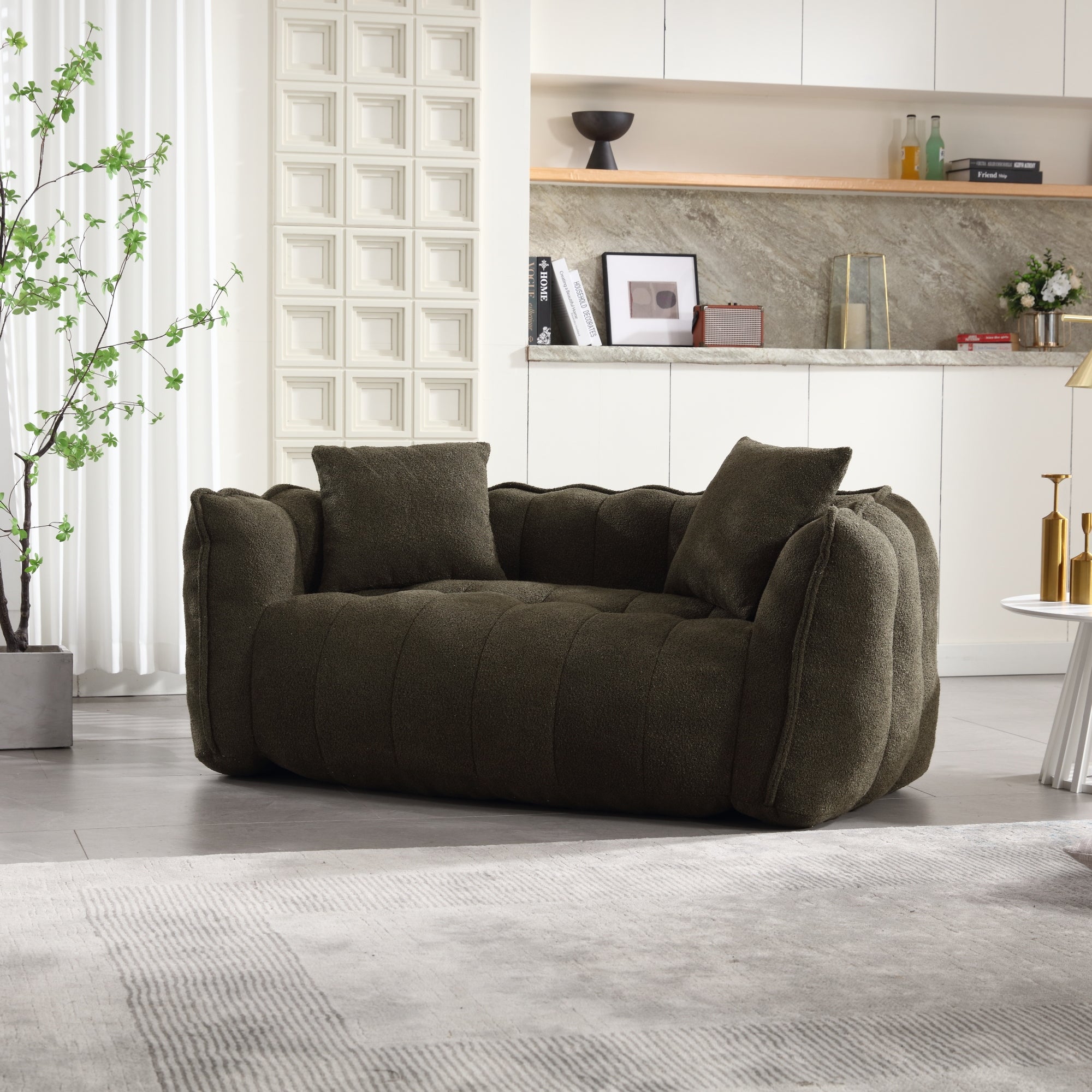 Cozy Beanbag Chair with High Resilience Foam Core for Two - Olive Green Chenille, 66x35x25 inches