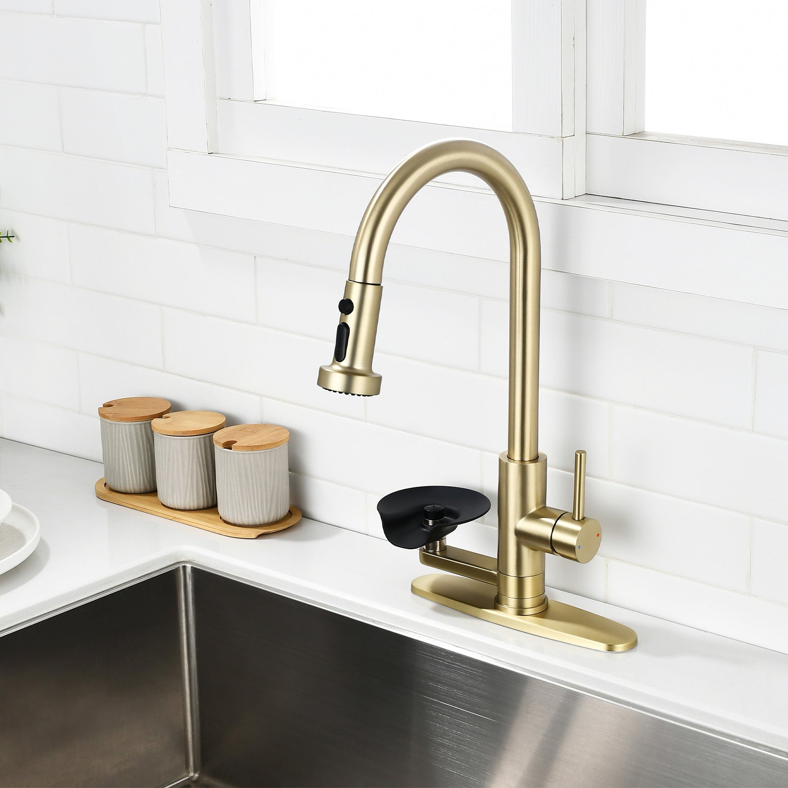 3-in-1 Kitchen Faucet with Press-Type Glass Rinser, Brushed Gold Finish, High-Arc Pull-Down Sprayer, Universal for 1 & 3 Holes, Stainless Steel and ABS Construction