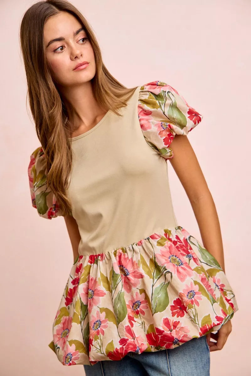 BiBi Floral Printed Bubble Sleeves and Hem Peplum Top