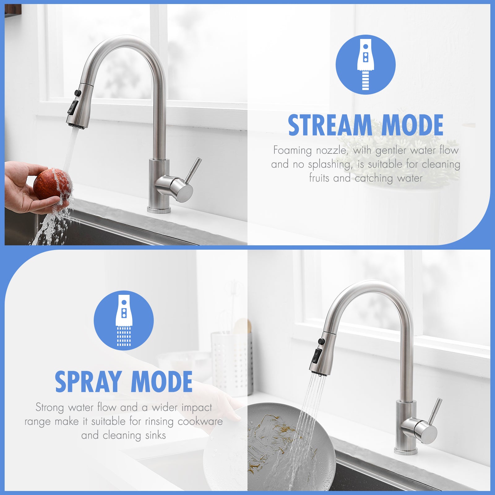 Kitchen Sink Faucet, Brushed Nickel Kitchen Faucets with Pull out Sprayer Stainless Steel Kitchen Faucet