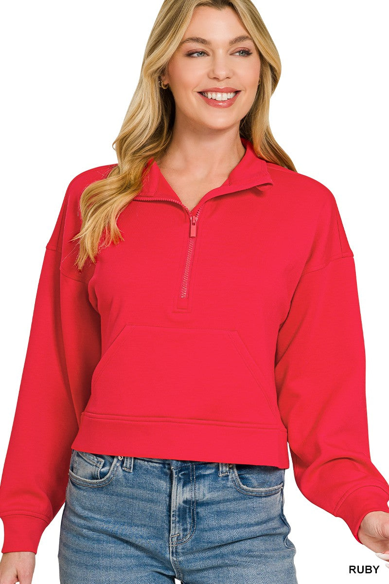 Zenana Scuba Half Zip Pullover With Kangaroo Pockets
