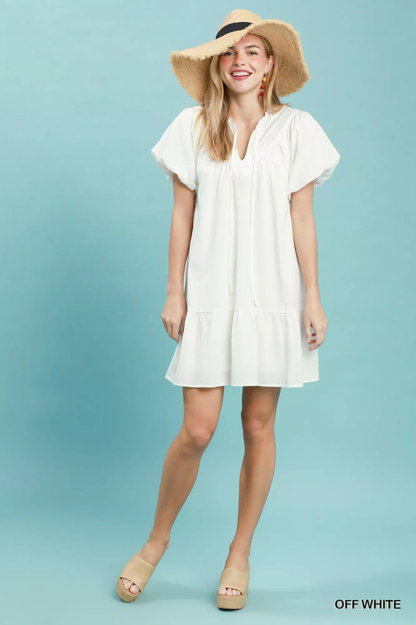Umgee Flutter Sleeve Tassel Tie Ruffle Hem Mini Dress