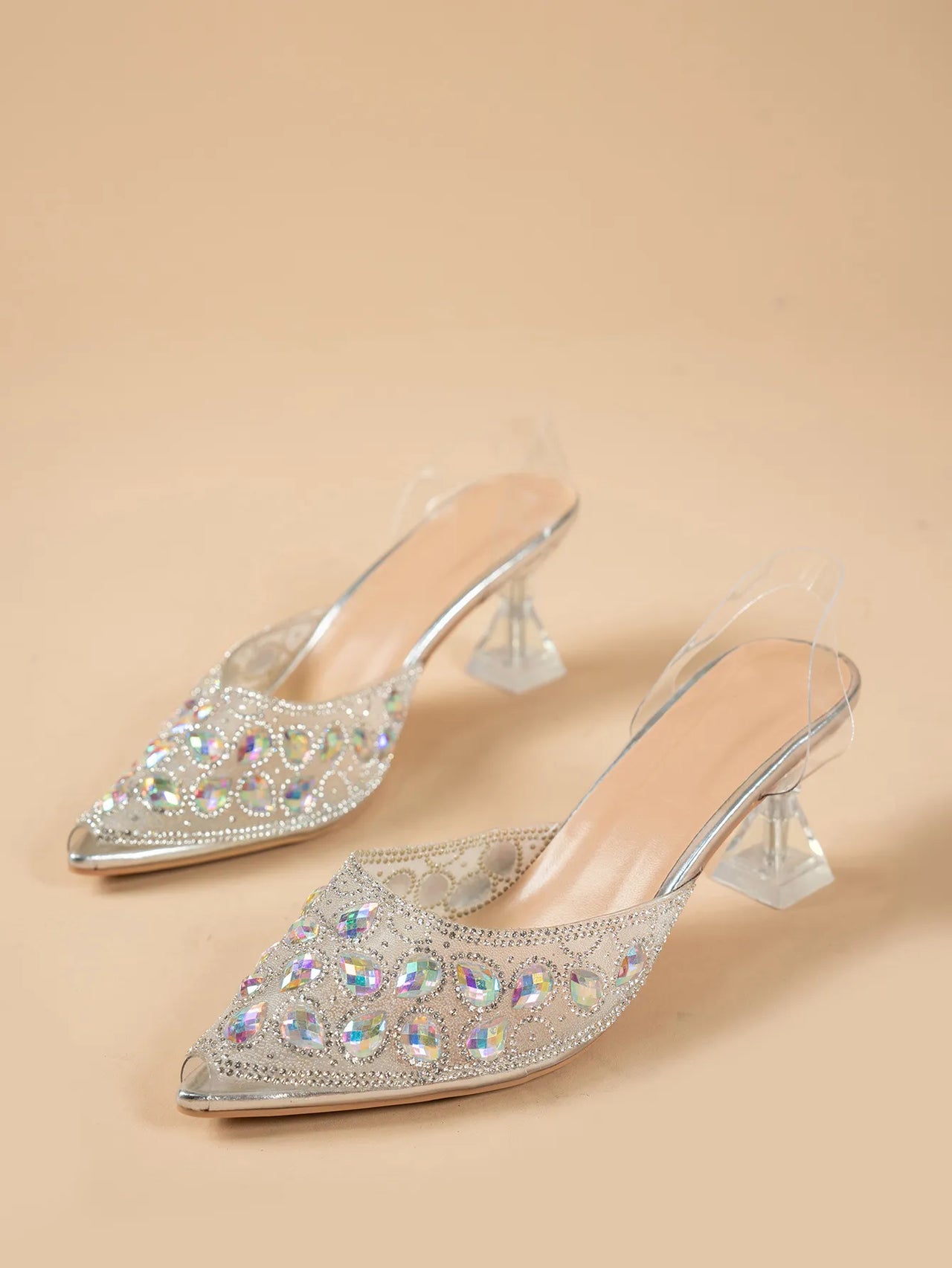 Rhinestone Point Toe Flare Heel Sandals