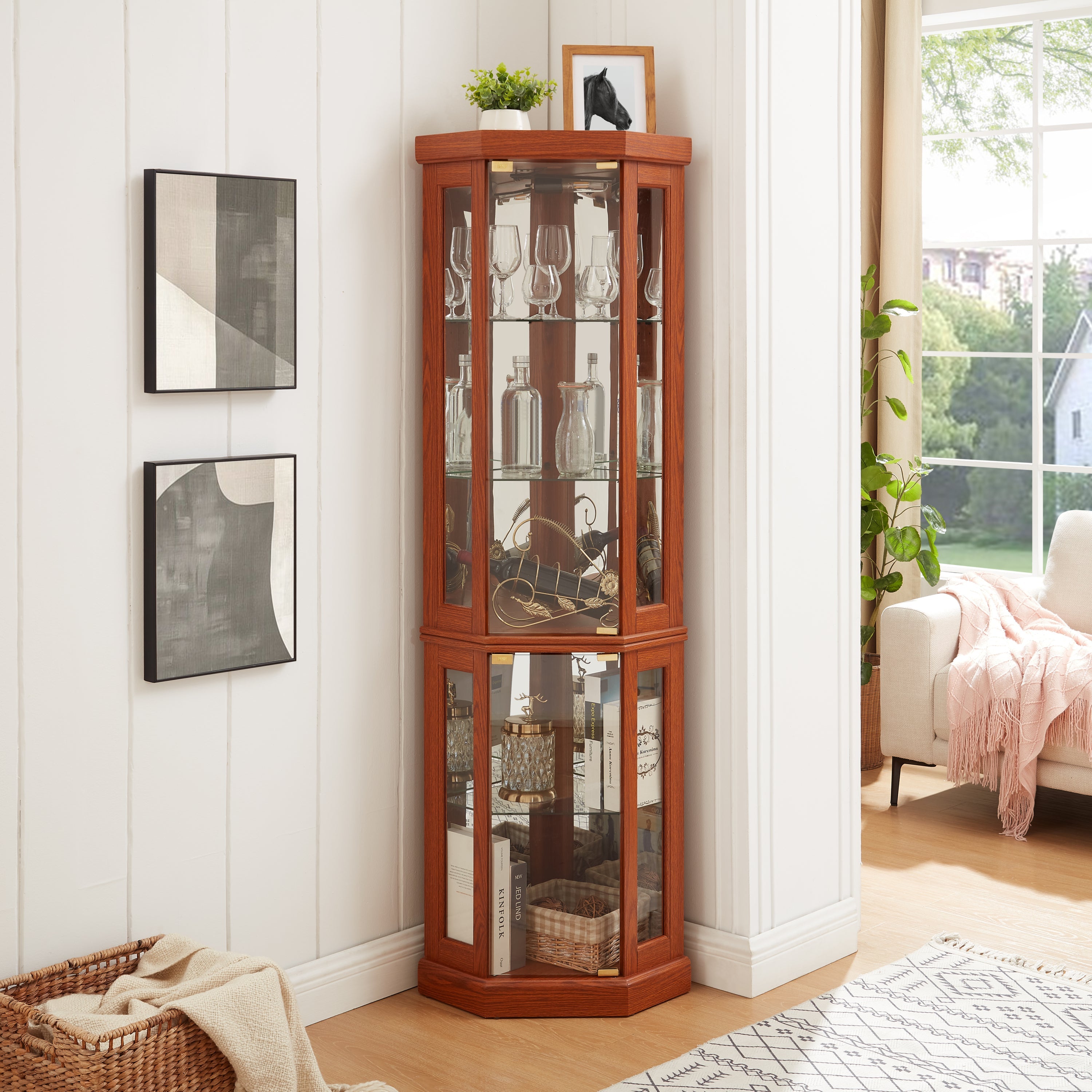 Corner Glass Cabinet Lighted Curio Cabinet Corner Display Case for Living Room, Curio Cabinet, Antique collection, Wine,Bar Glass Storage Light Included, Dark oak