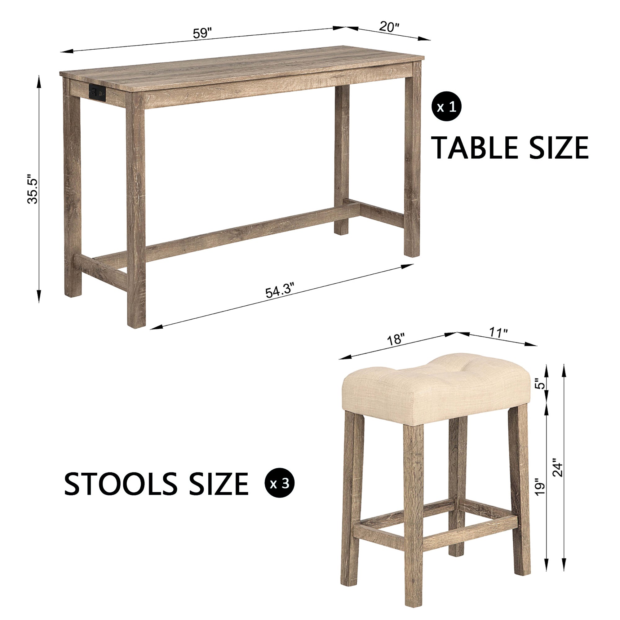 4-Piece Bar Table Set with Power Outlet, Dining Bar Table and Chairs Set, Bar Table Set with 3 Padded Stools for Living Room, Dining Room, Game Room, Brown