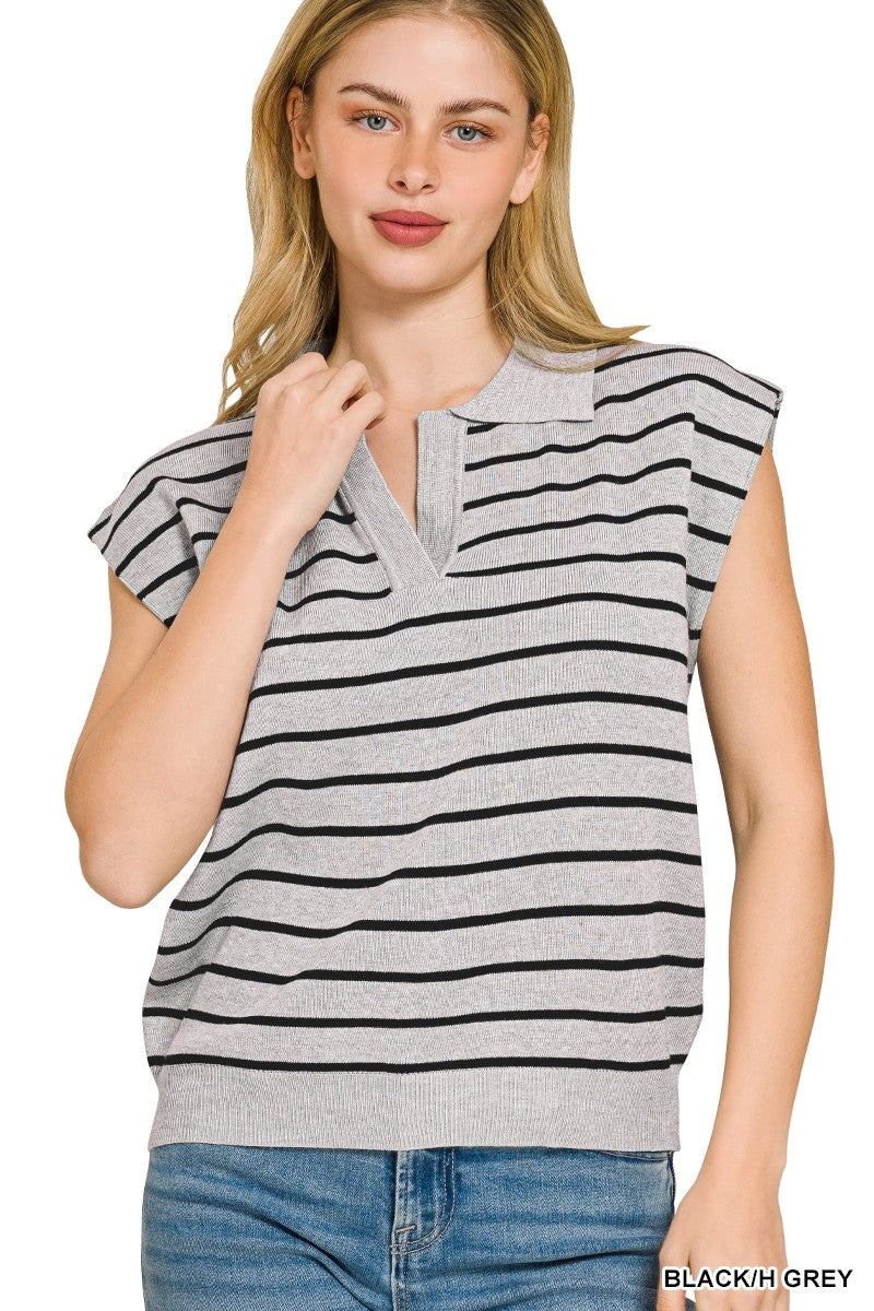Zenana Viscose Striped Collared Sweater Vest