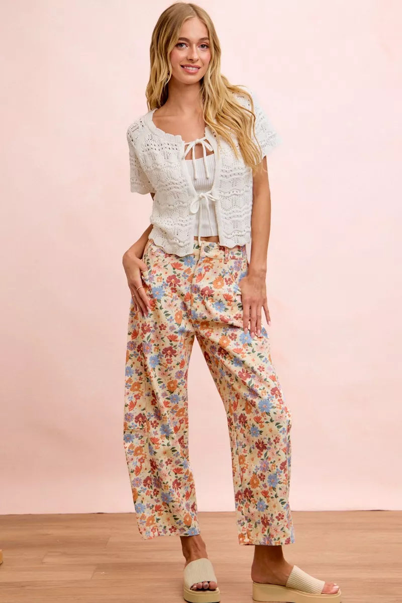 BiBi Washed Floral Printed Twill Barrel Pants