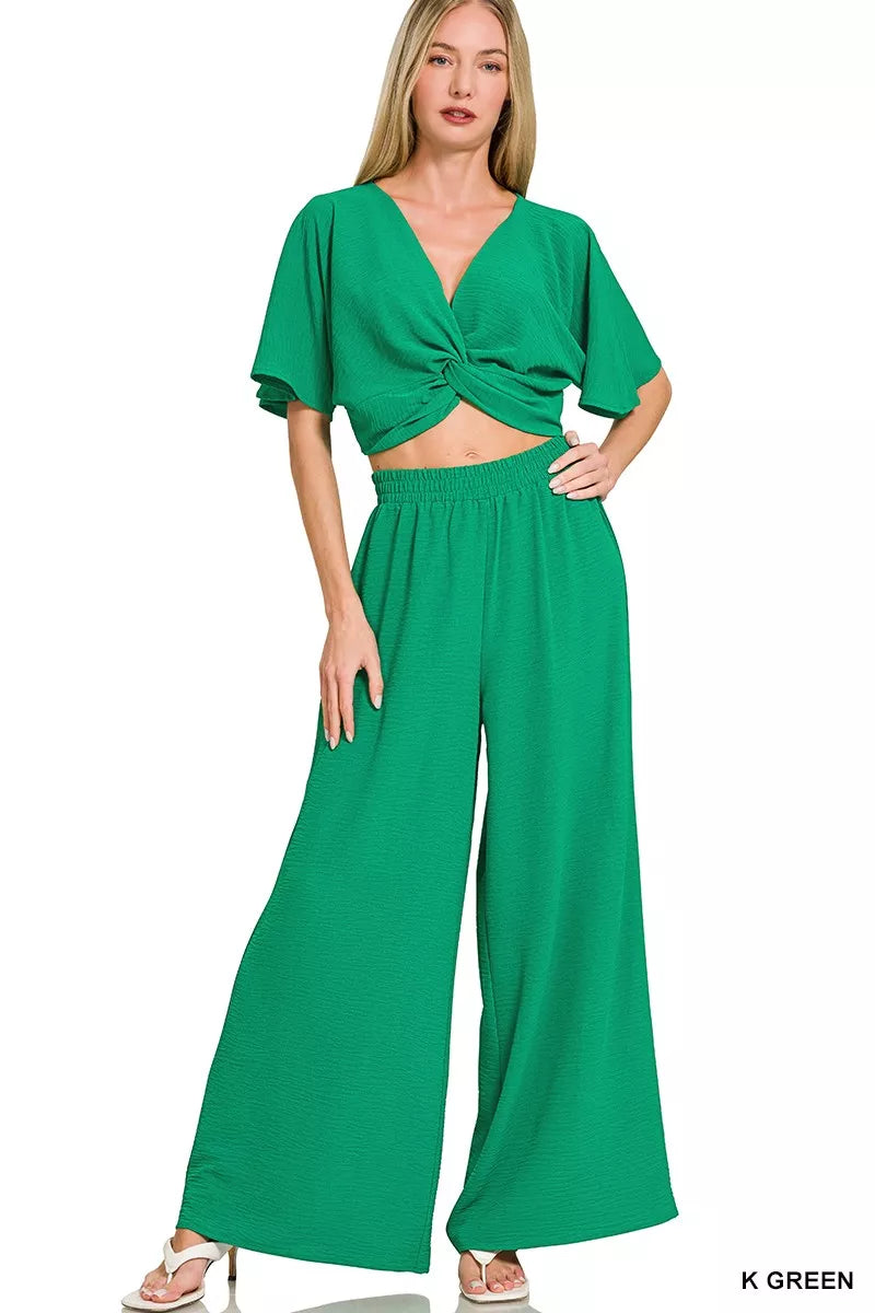 Zenana Woven Airflow Twisted Top & Wide Leg Pants Set
