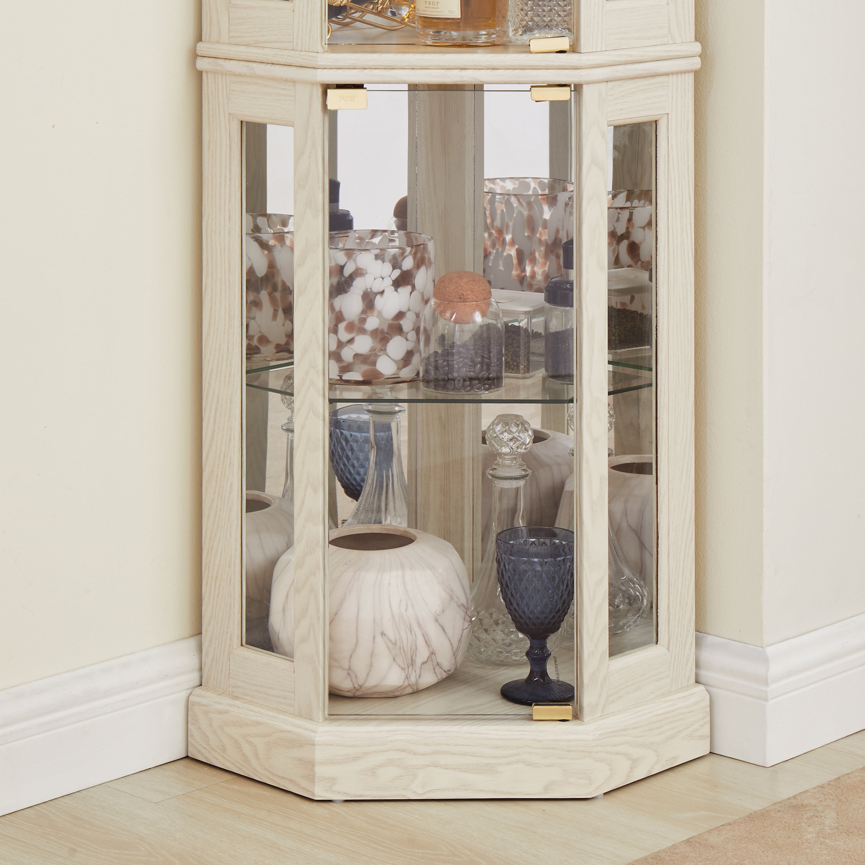 Lighted Corner Curio Cabinet - Display Case for Living Room, Antique Collectibles, Wine & Bar Glass Storage - Elegant Corner Design with Lights Included- White