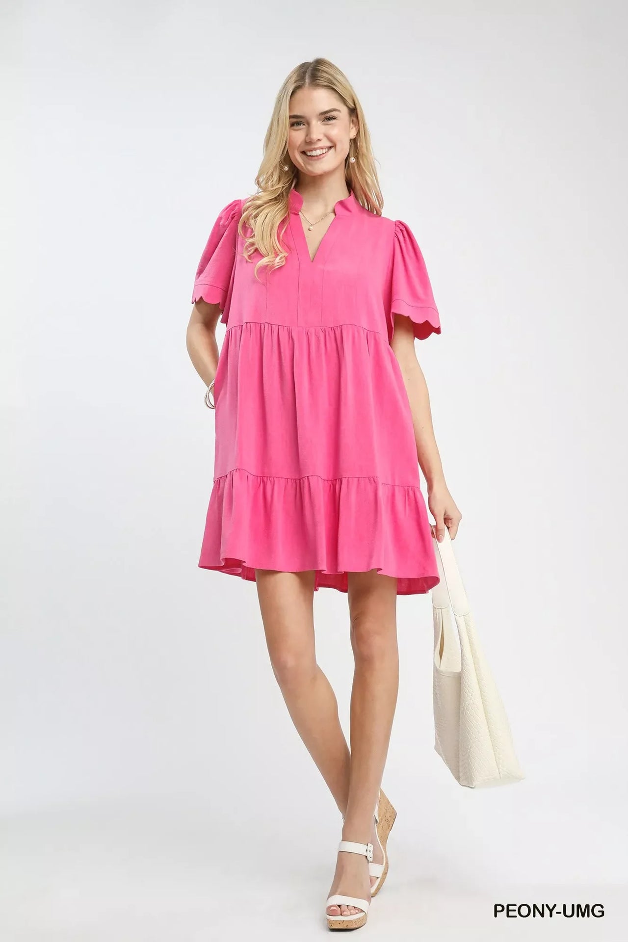 Umgee Linen Tiered Babydoll Dress with Scalloped Sleeves