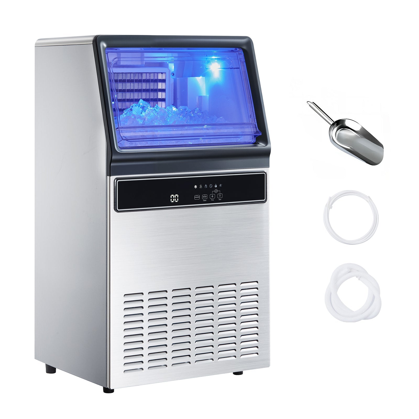 Commercial Ice Maker Machine, 130Lbs/24H with 33Lbs Storage, 45 Cubes per Cycle, Stainless Steel Freestanding & Under Counter Ice Maker with LED Display & Self-Cleaning, for Home Bar Restaurant