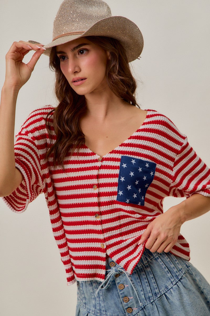 SO ME Stripe Waffle Knit Fourth Of July Cardigan Top