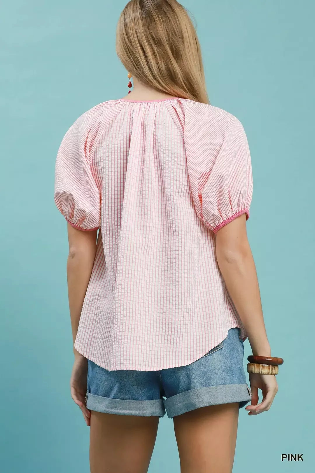 Umgee Checker Puff Sleeve Button Front Blouse