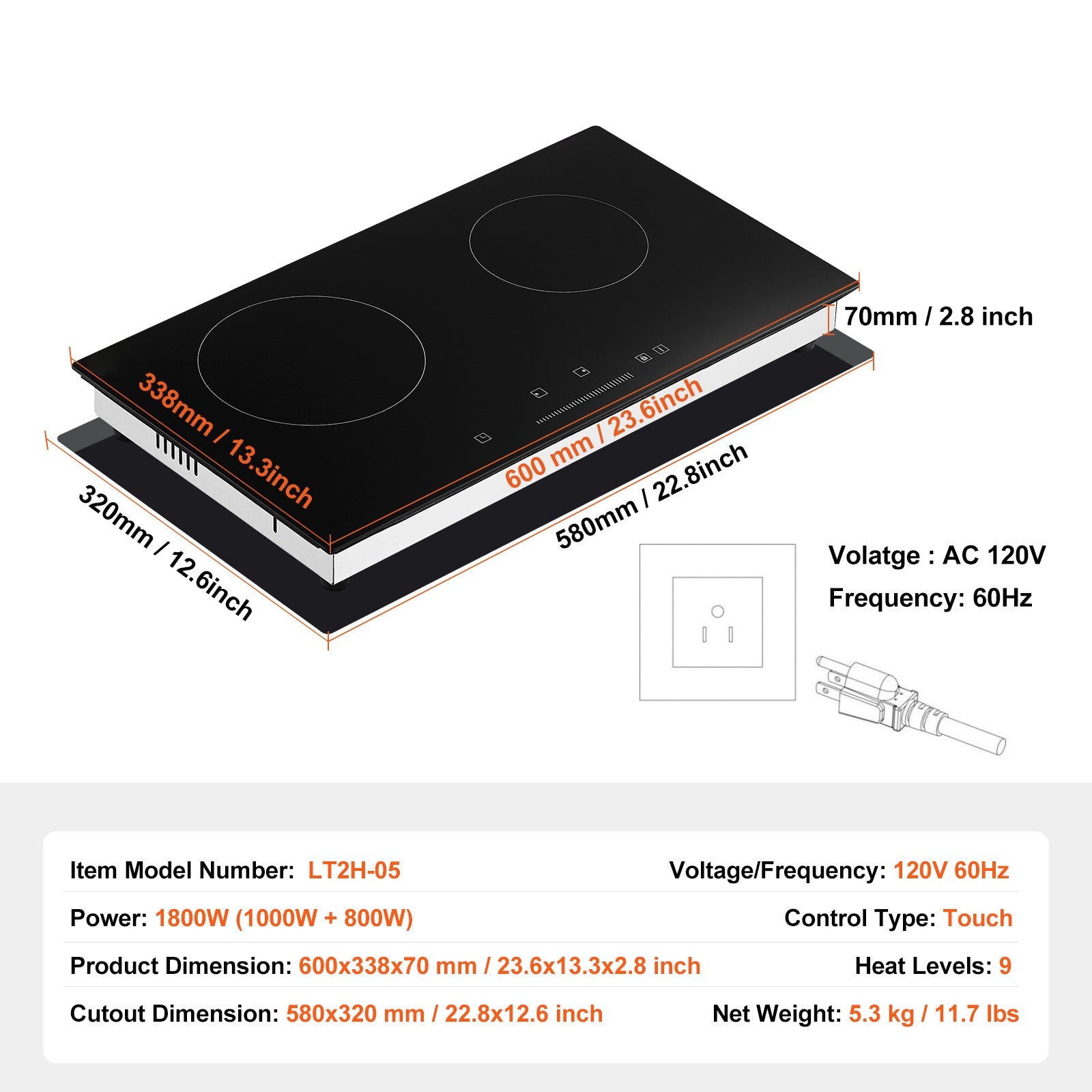 Built-in Electric Cooktop Radiant Ceramic Cooktop 2 Burners 23.6x13.3 inch