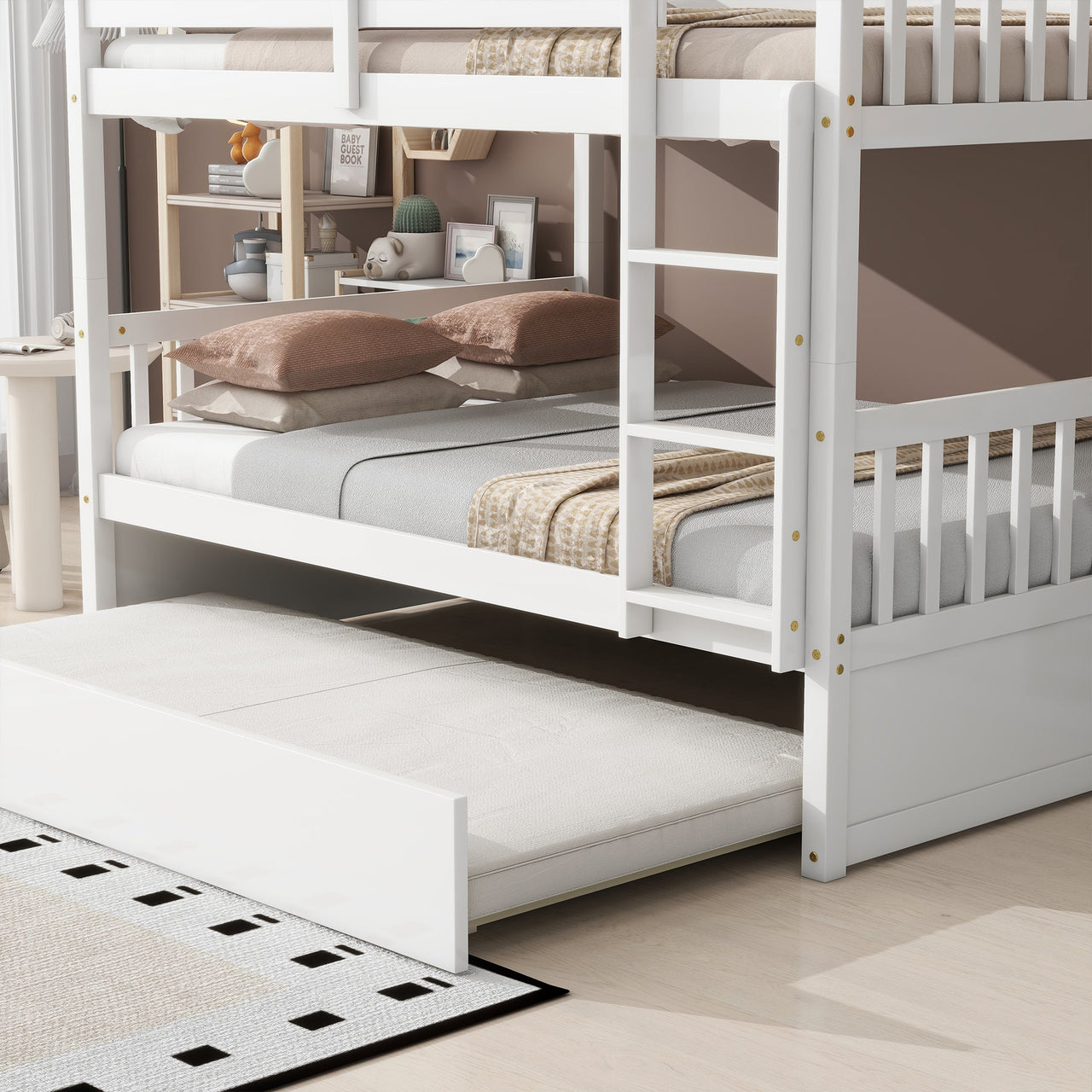 Full Over Full Rubber Wood Bunk Bed with Trundle, Ladder and Guardrails, Convertible to 2 Full Size Beds, with Twin Size Trundle,White