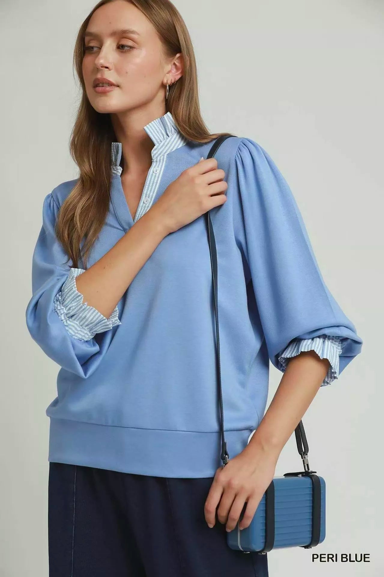 Umgee Stripe Ruffle Neck Long Sleeve Top