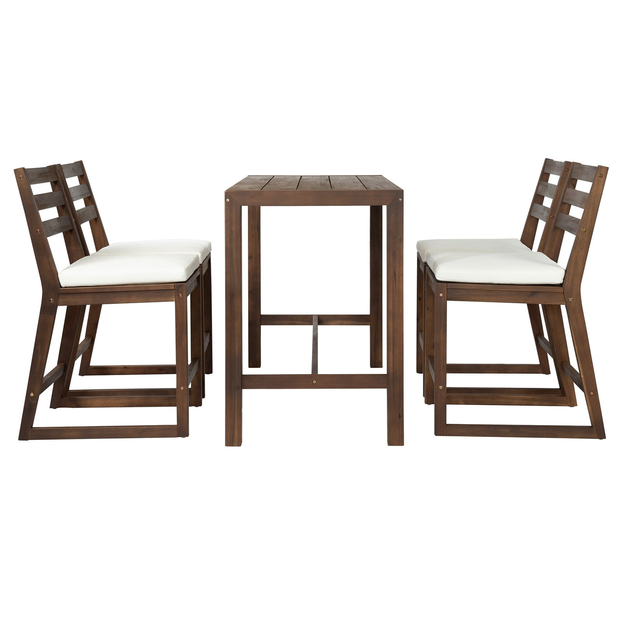 TREXM Rustic Patio Bar Set with Ergonomic Chairs, Solid Wood Slatted Tabletop in Mocha+Beige Cushion