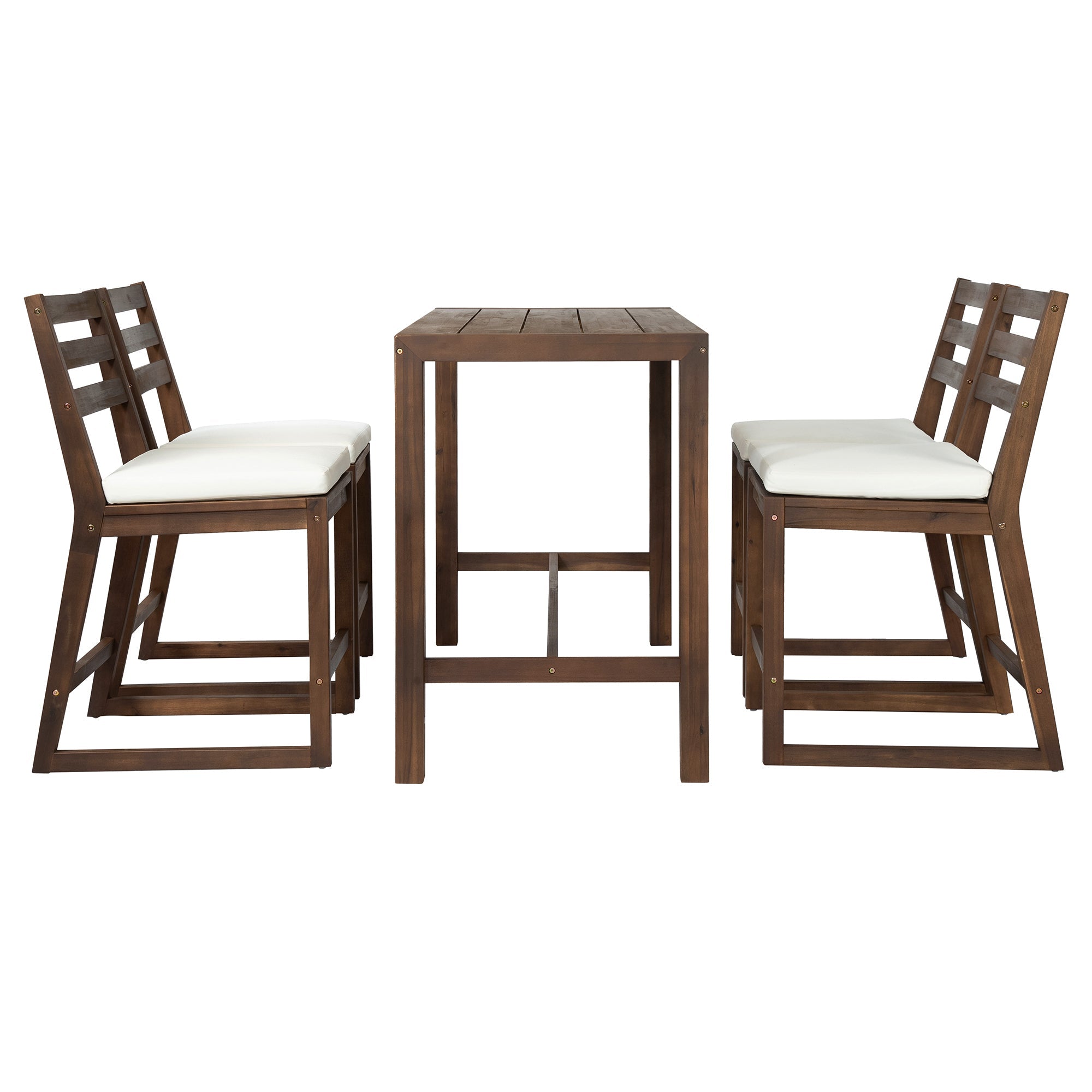 TREXM Rustic Patio Bar Set with Ergonomic Chairs, Solid Wood Slatted Tabletop in Mocha+Beige Cushion