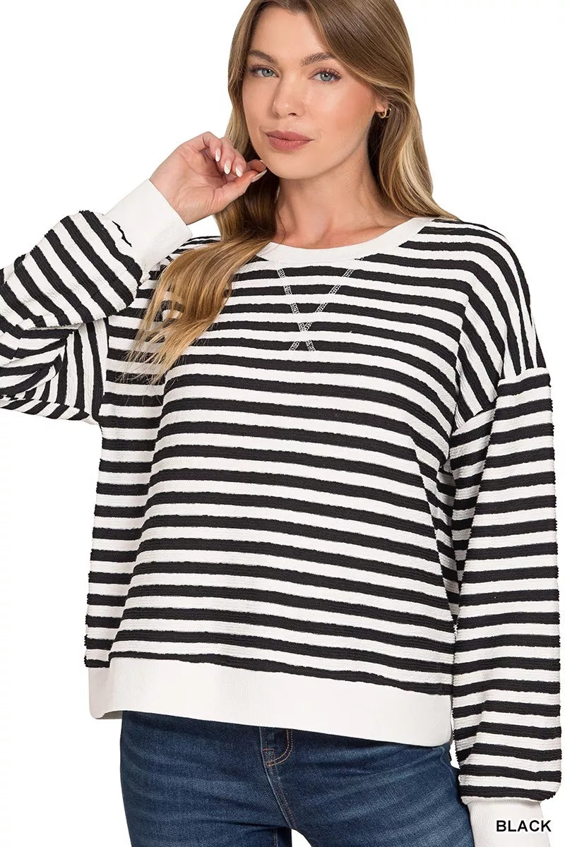 Zenana Striped Round Neck Sweatshirt