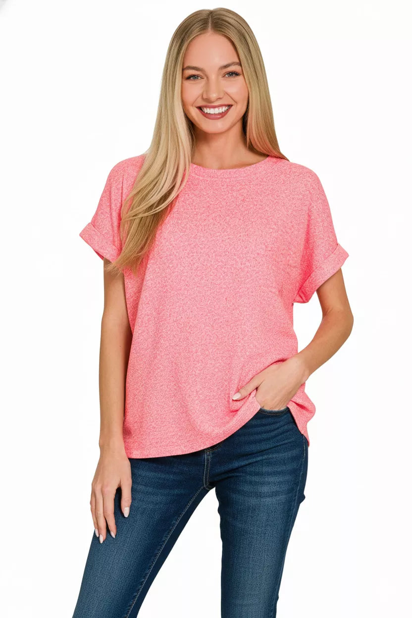 Zenana Soft Melange Hacci Short Sleeve Round Neck Top