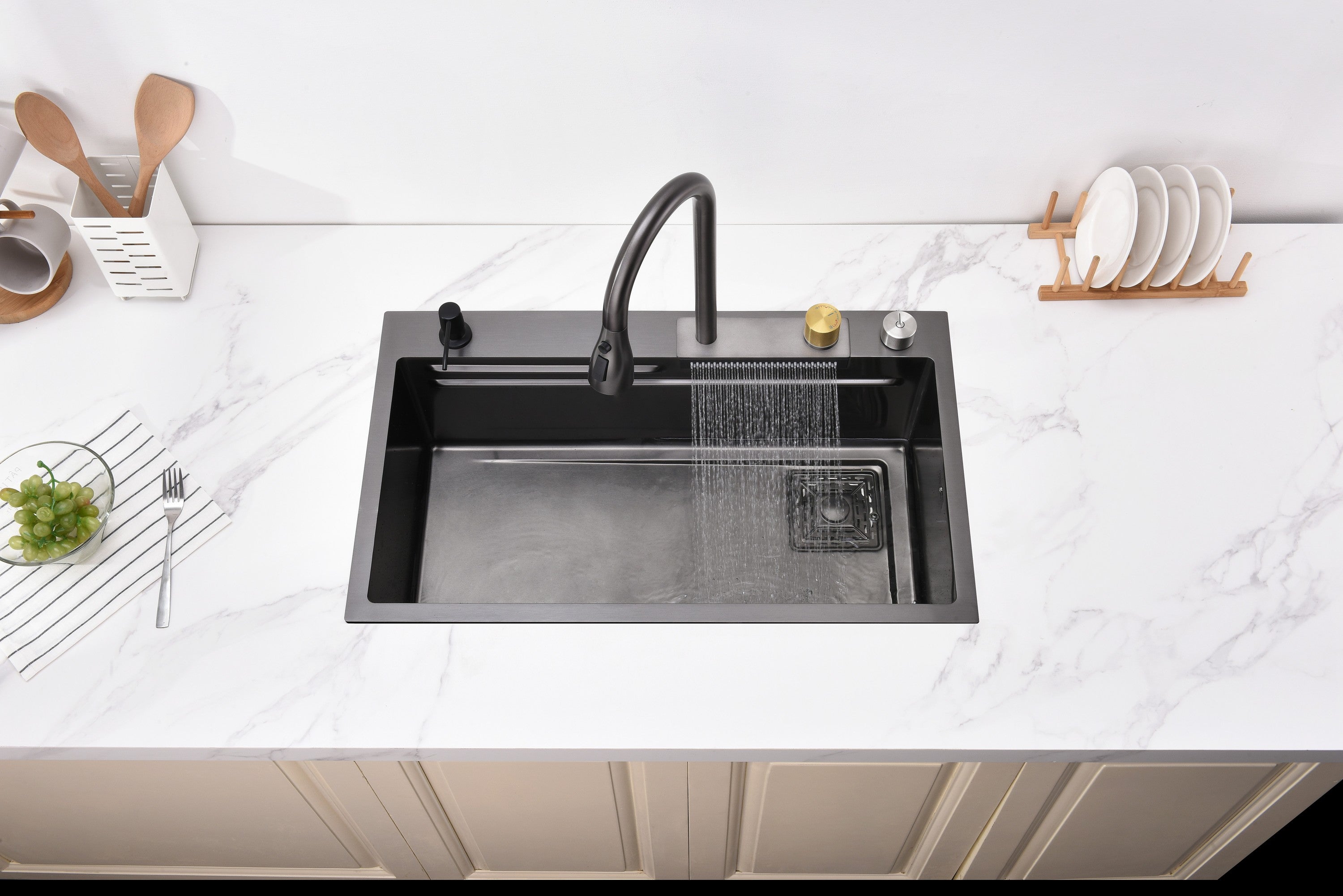 Waterfall Kitchen Sink, Stainless Steel Single Bowl in Black, Multifunctional Workstation with Flying-rain Faucet and Cutting Board, 30×18″ Stainless Steel Single Bowl Sink, LS-SSBL05