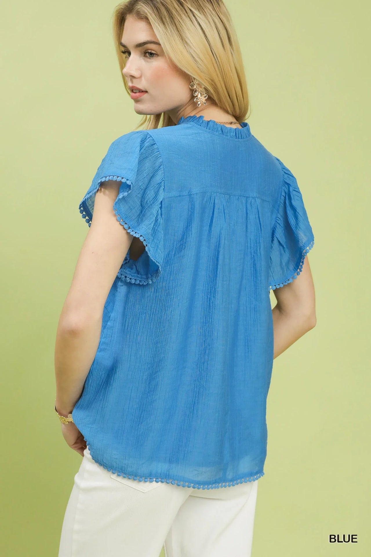 Umgee Flutter Sleeve Relaxed Top with Trim Detail