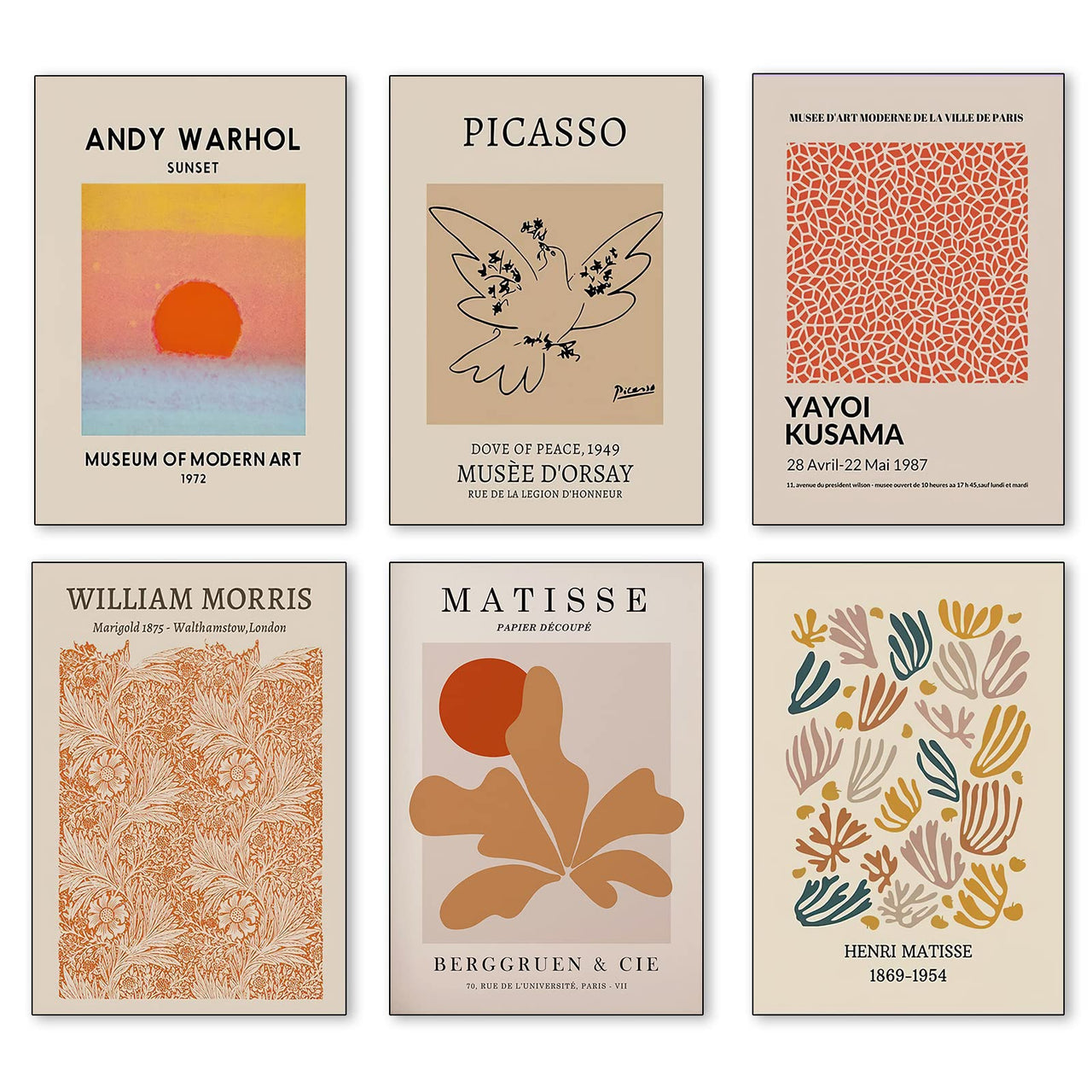 XINTANG 6 Piece Famous Art Canvas Posters Picasso Dove Henri Matisse William Morris Flower Market Andy Warhol Sunset Gallery Wall Mid Century Abstract Minimalist Room Aesthetic Decor Prints Painting