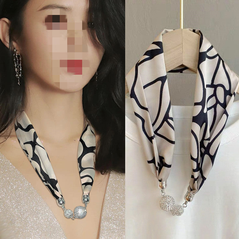 Magnetic Buckle Silk Women Scarf Pearl Necklace (See size chart where applicable)