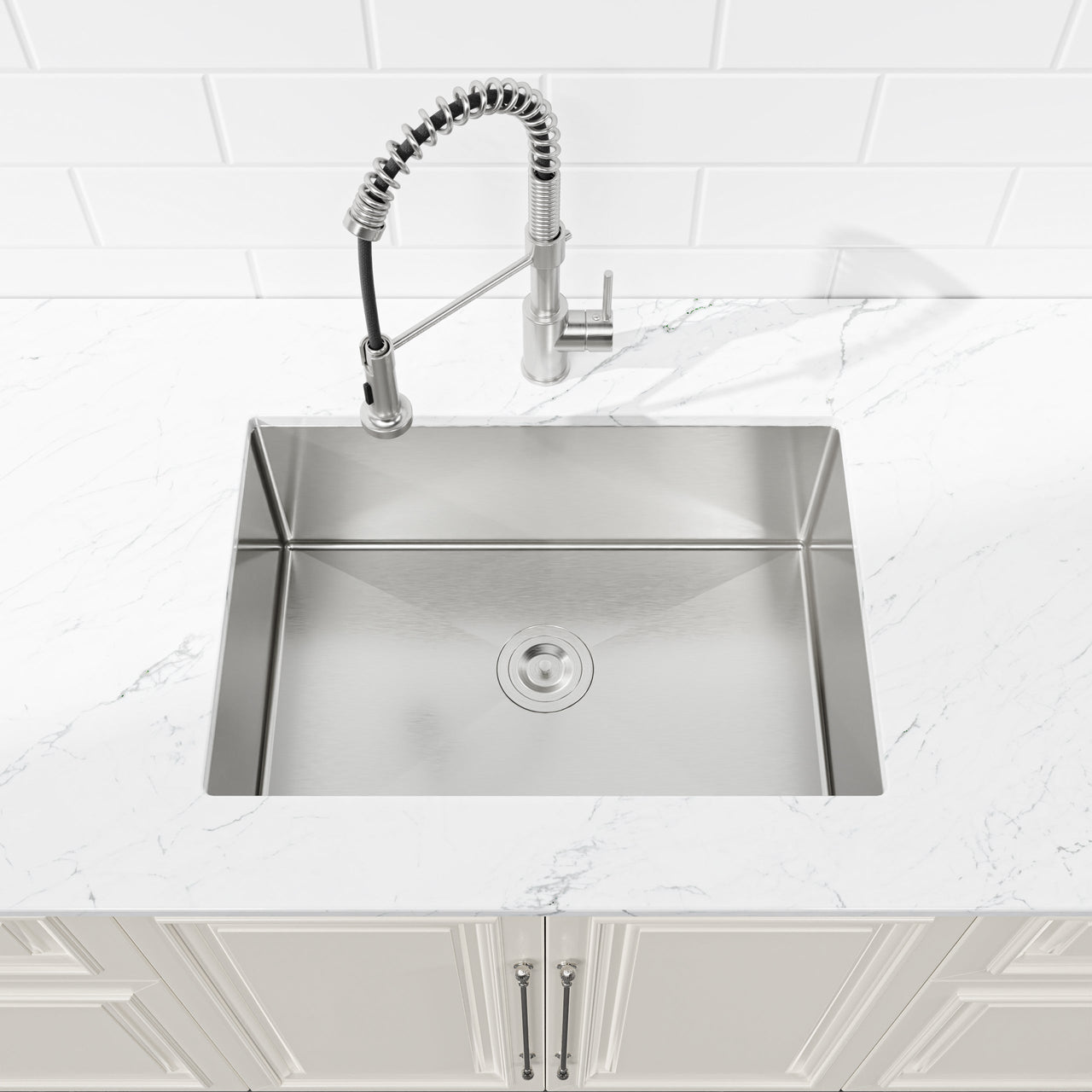 Stainless Steel Kitchen Sink, 27″x19″ Single Bowl, Undermount Handmade Sink in Brushed Nickel, with US Standard Drain and Hook, LS-SSBR06
